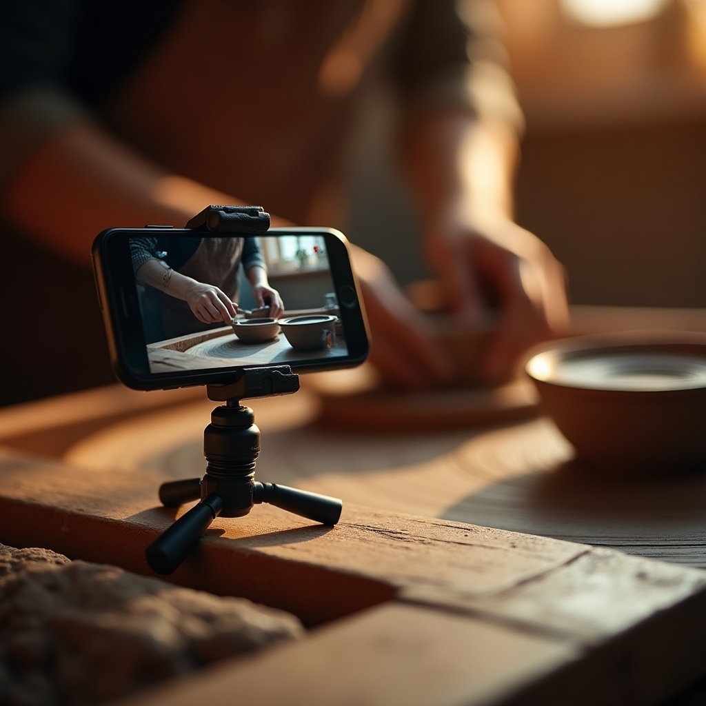 Smartphone posizionato per riprendere lavorazione al tornio