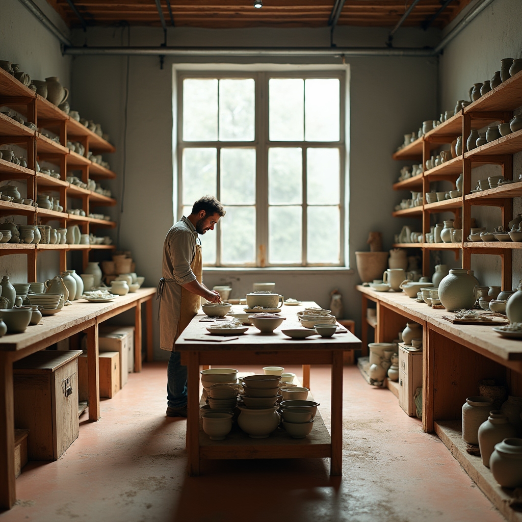 Studio ceramico con luce naturale e opere esposte